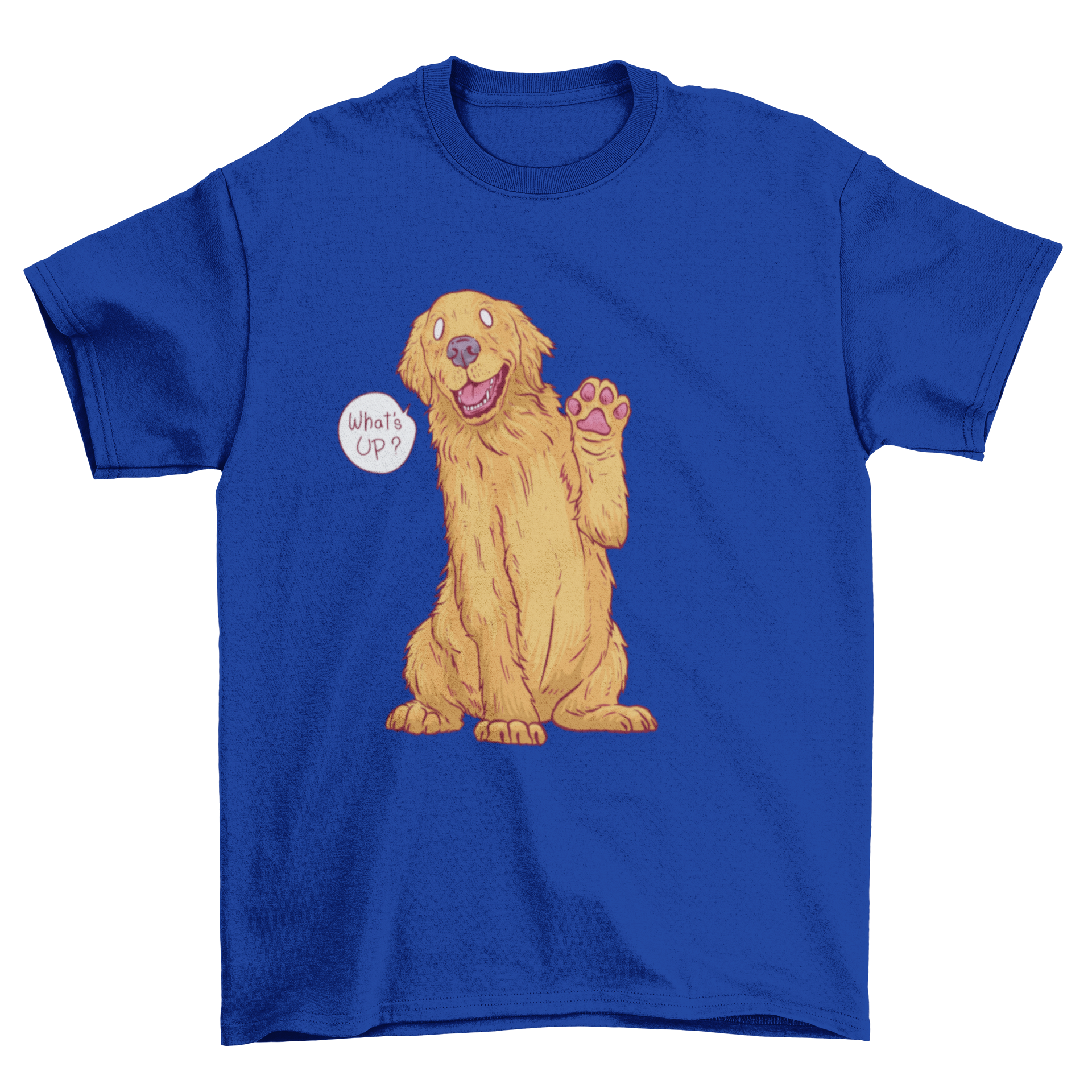 A playful golden retriever lifting its paw with a cheerful expression, featured on a stylish t-shirt.