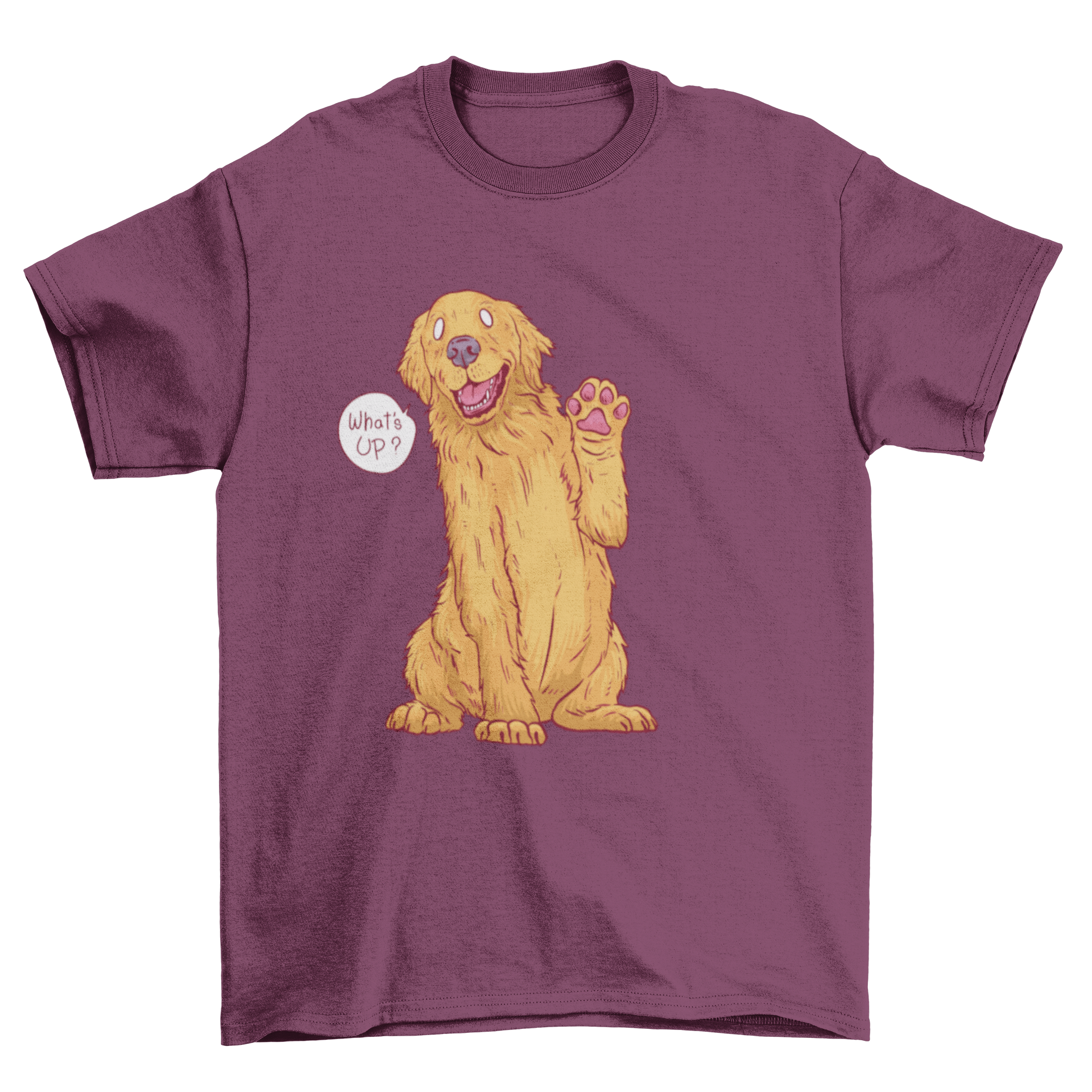 A playful golden retriever lifting its paw with a cheerful expression, featured on a stylish t-shirt.