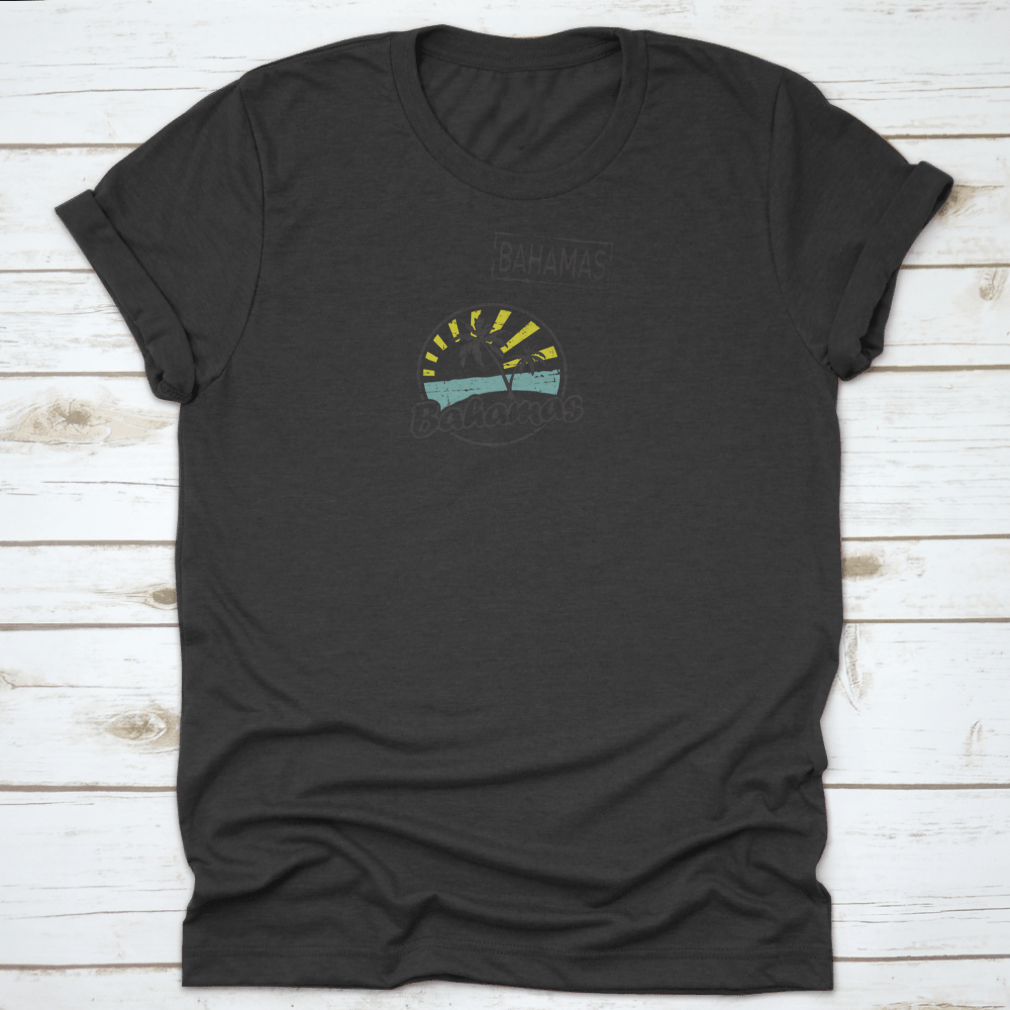 A stylish t-shirt featuring a unique beach stamp design inspired by the Bahamas, made from soft cotton fabric.