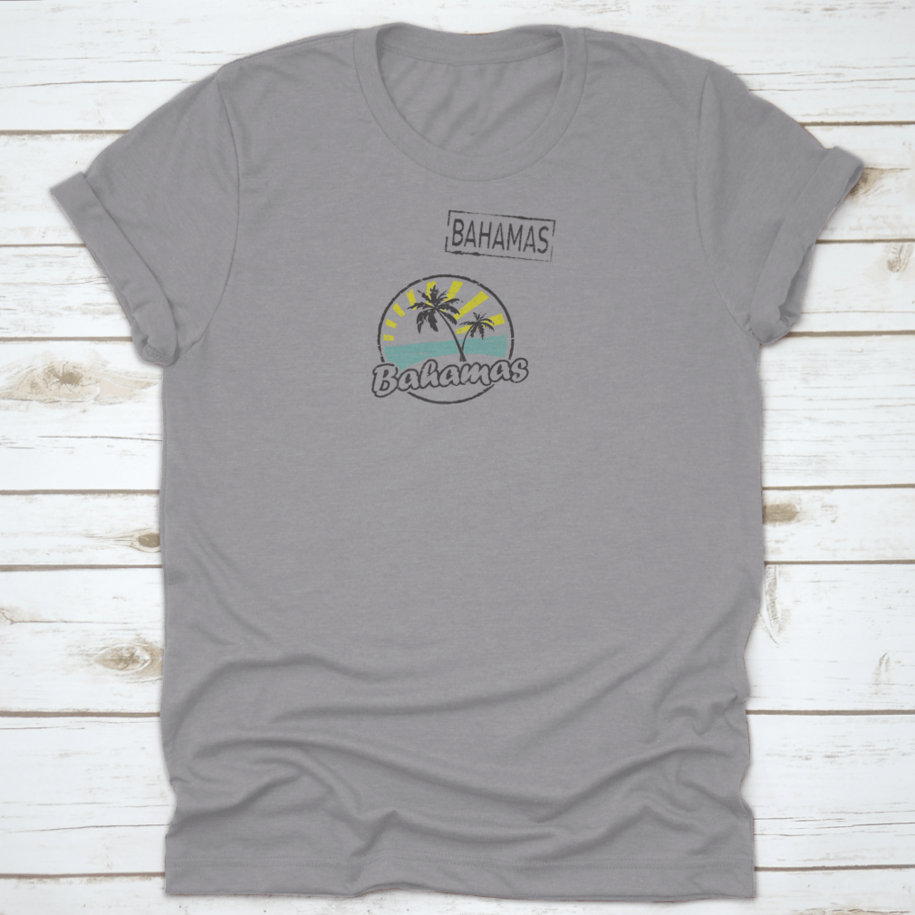 A stylish t-shirt featuring a unique beach stamp design inspired by the Bahamas, made from soft cotton fabric.