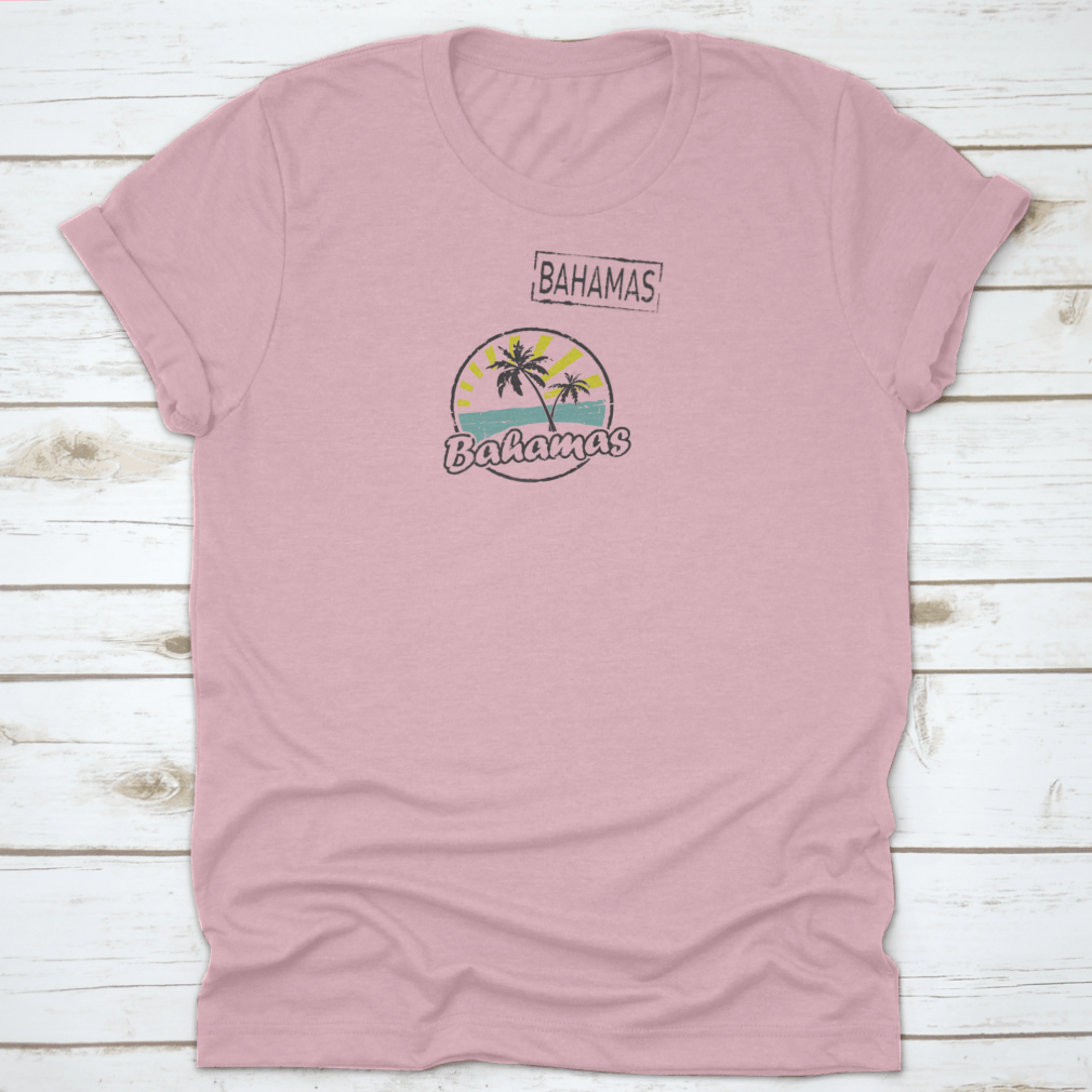 A stylish t-shirt featuring a unique beach stamp design inspired by the Bahamas, made from soft cotton fabric.