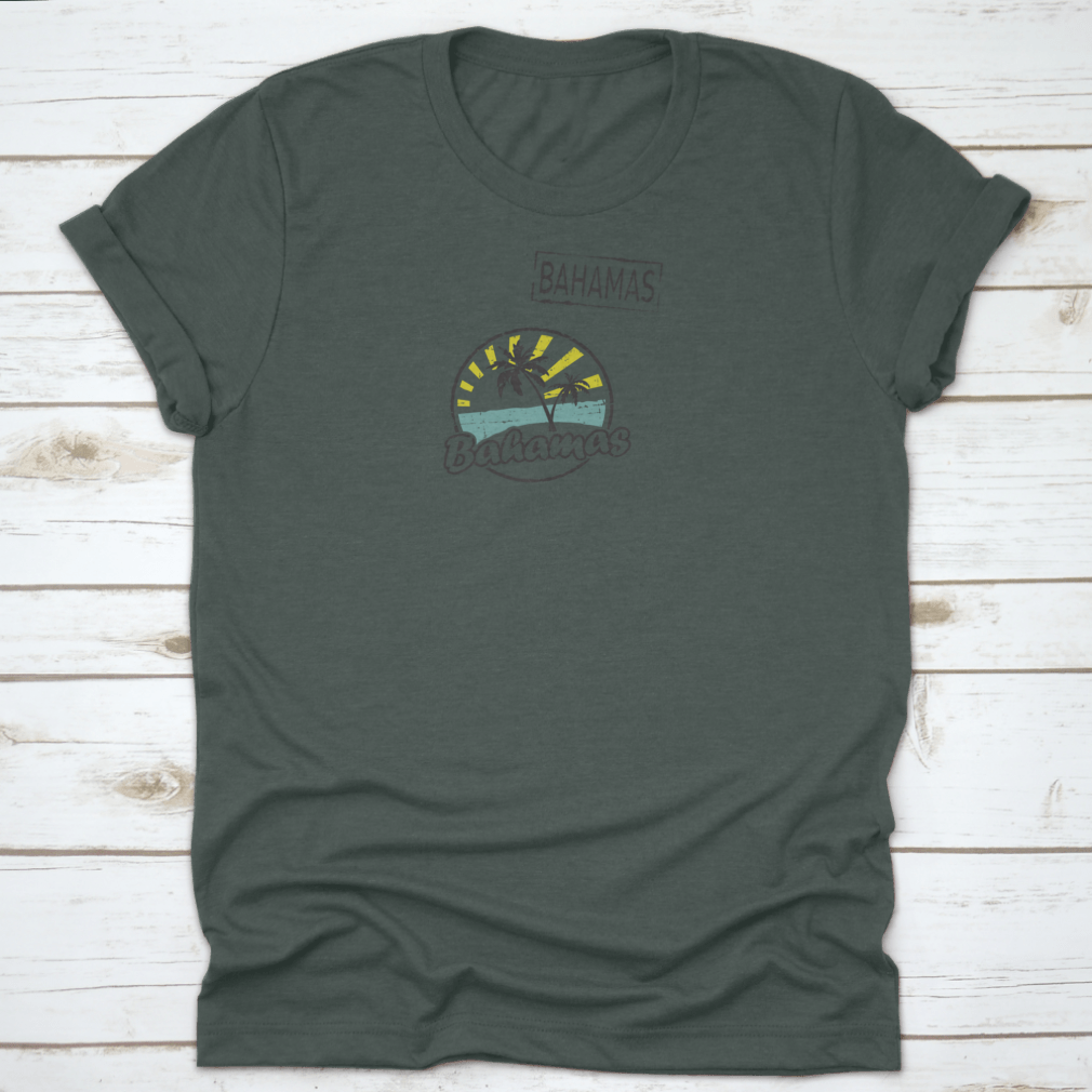 A stylish t-shirt featuring a unique beach stamp design inspired by the Bahamas, made from soft cotton fabric.