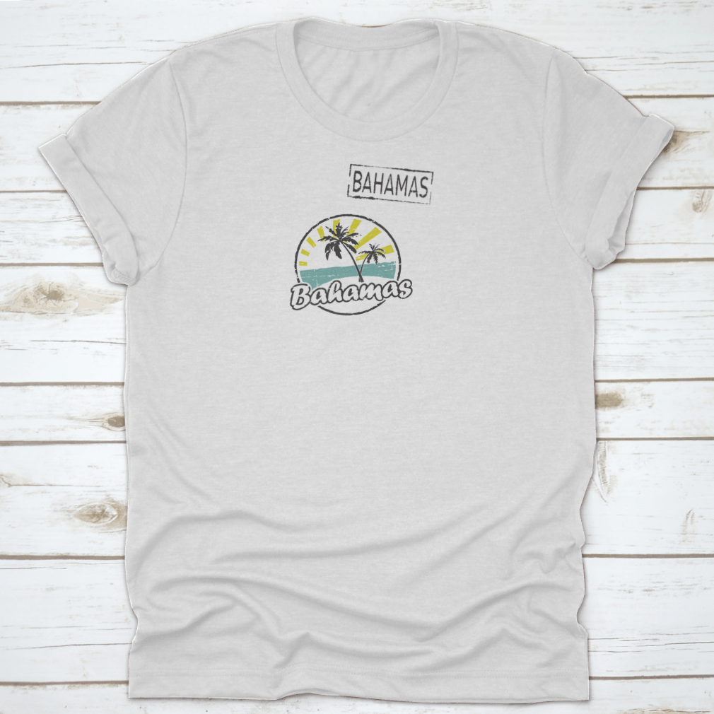 A stylish t-shirt featuring a unique beach stamp design inspired by the Bahamas, made from soft cotton fabric.