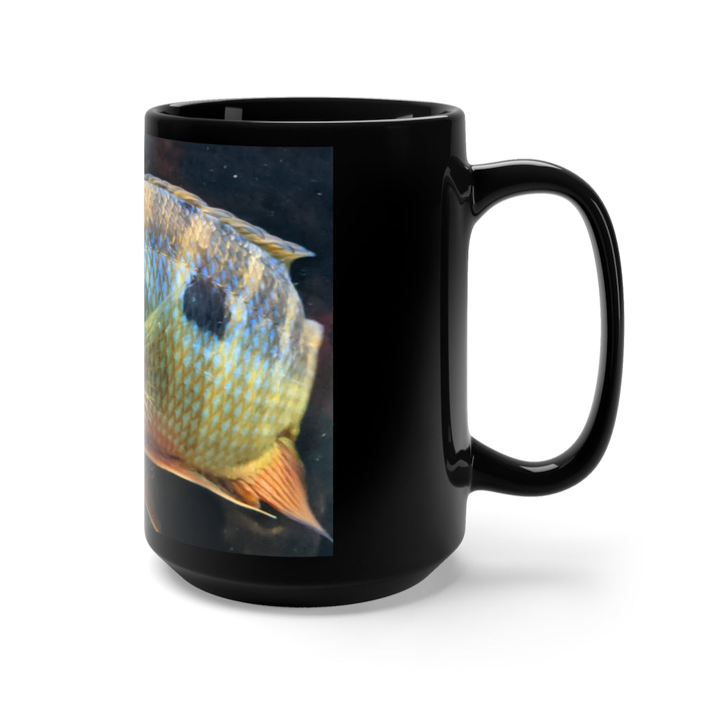 A stylish black ceramic mug featuring a grey and orange fish design, perfect for coffee and tea lovers, holding 15oz of your favorite beverage.