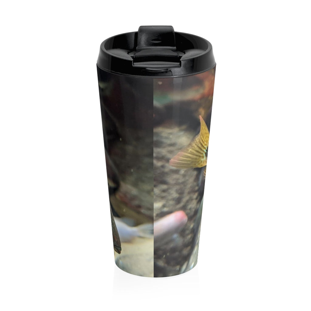 Grey and orange fish design stainless steel travel mug with a black plastic lid, perfect for coffee and tea lovers.