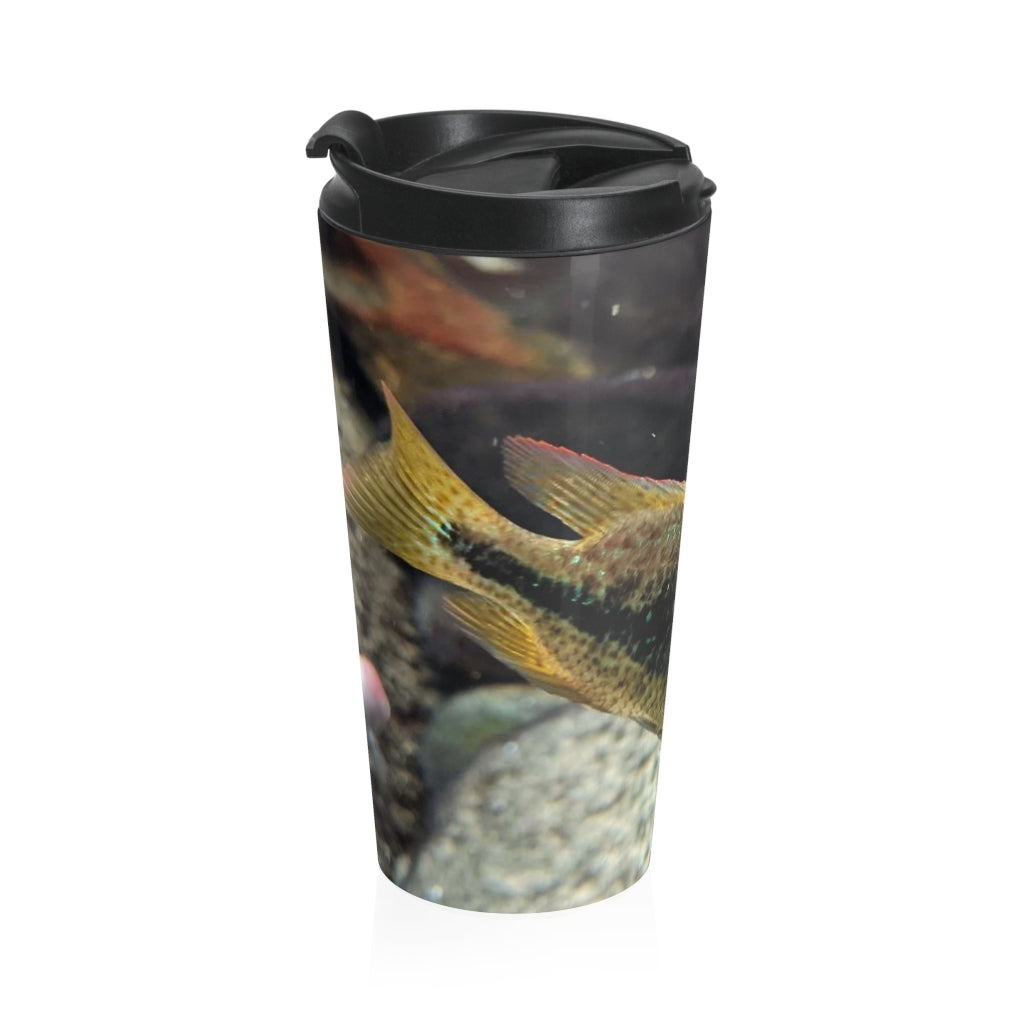 Grey and orange fish design stainless steel travel mug with a black plastic lid, perfect for coffee and tea lovers.