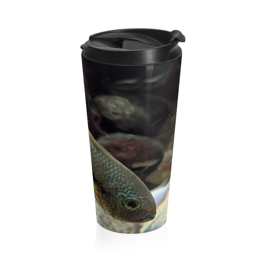 Grey and orange fish design stainless steel travel mug with a black plastic lid, perfect for coffee and tea lovers.