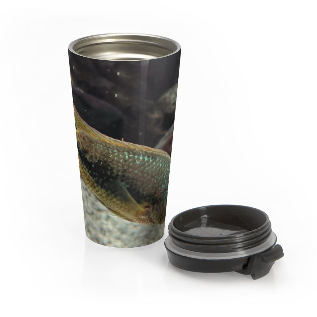 Grey and orange fish design stainless steel travel mug with a black plastic lid, perfect for coffee and tea lovers.