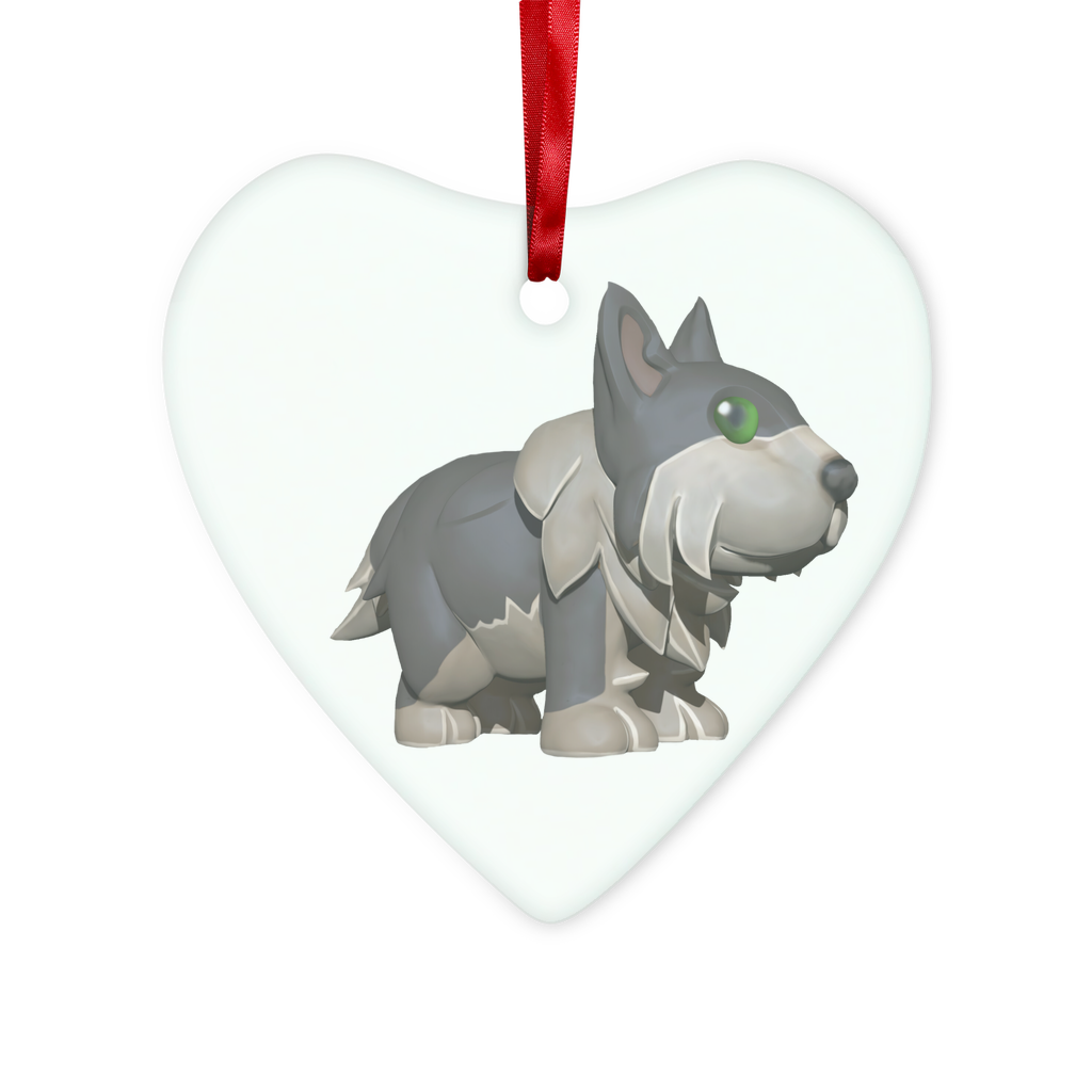 Grey Dog Glass Hanging Ornament with red ribbon and gold string, available in round and heart shapes, elegantly packaged in a white box.