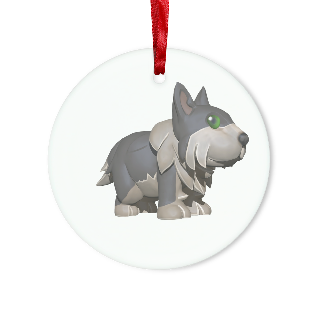 Grey Dog Glass Hanging Ornament with red ribbon and gold string, available in round and heart shapes, elegantly packaged in a white box.