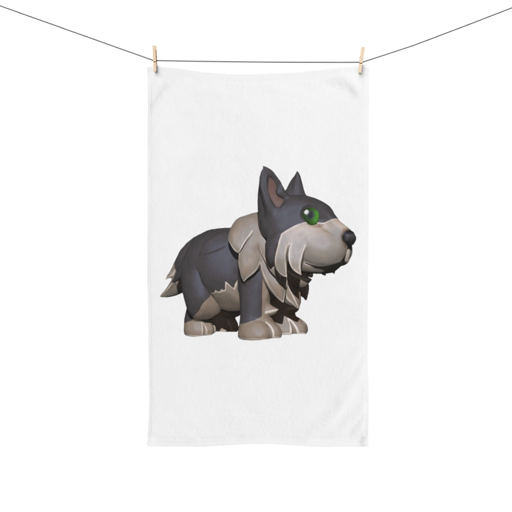 A stylish Grey Dog Hand Towel featuring a charming dog print on a soft polyester front and a cozy cotton back.