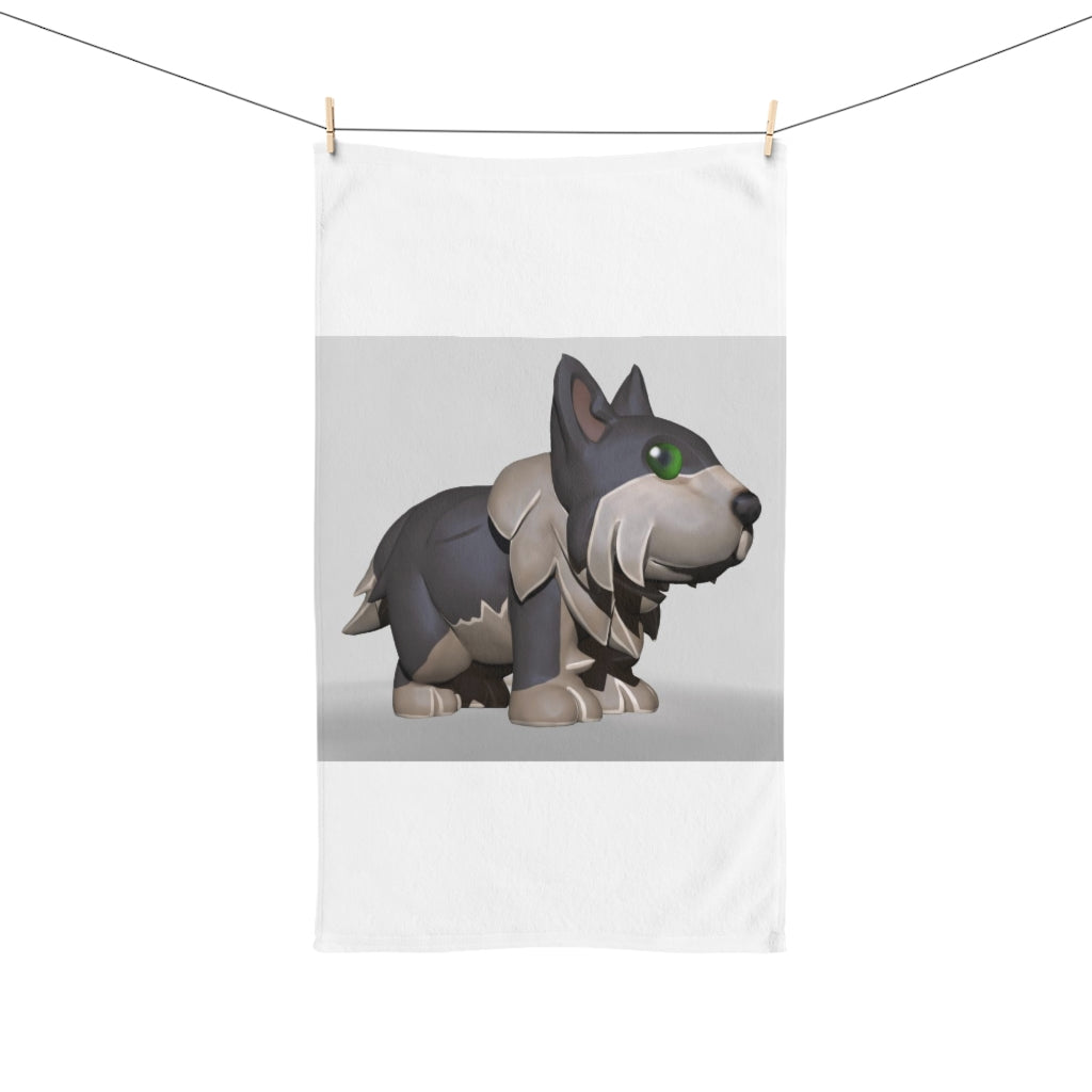 Grey Dog Hand Towel featuring a vibrant polyester front and soft cotton back, ideal for bathroom decor.