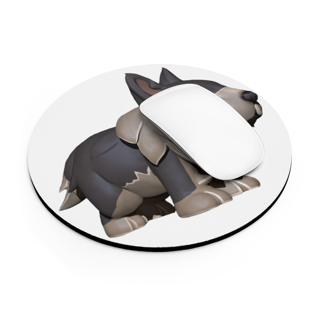 Grey Dog Mouse Pad featuring a vibrant dog design with a non-slip rubber bottom, available in round and rectangular shapes.