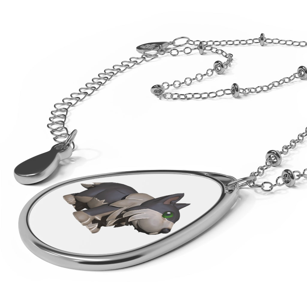 Grey Dog Oval Necklace featuring a personalized oval pendant made of aluminum and a durable brass chain with a lobster clasp closure.