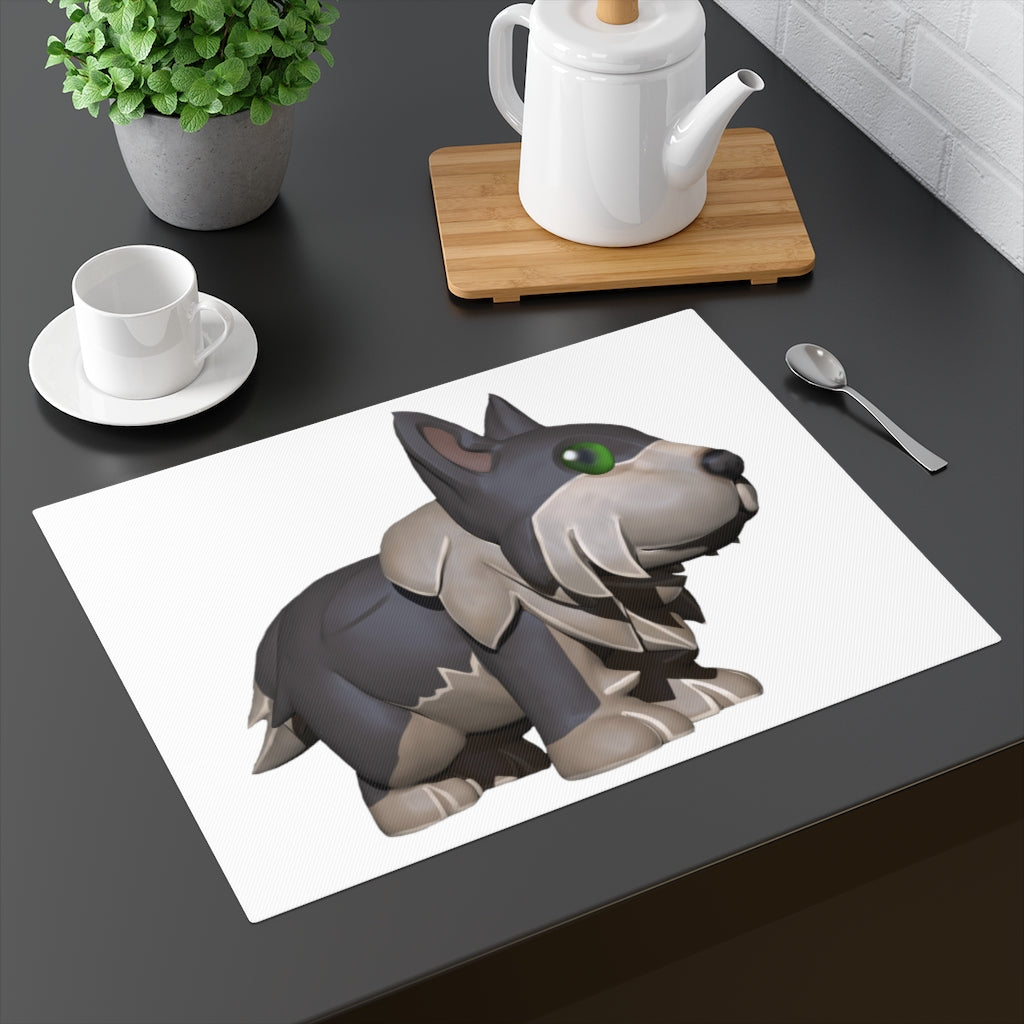 Grey Dog Placemat featuring a unique design on one side and a natural back, made from durable cotton.