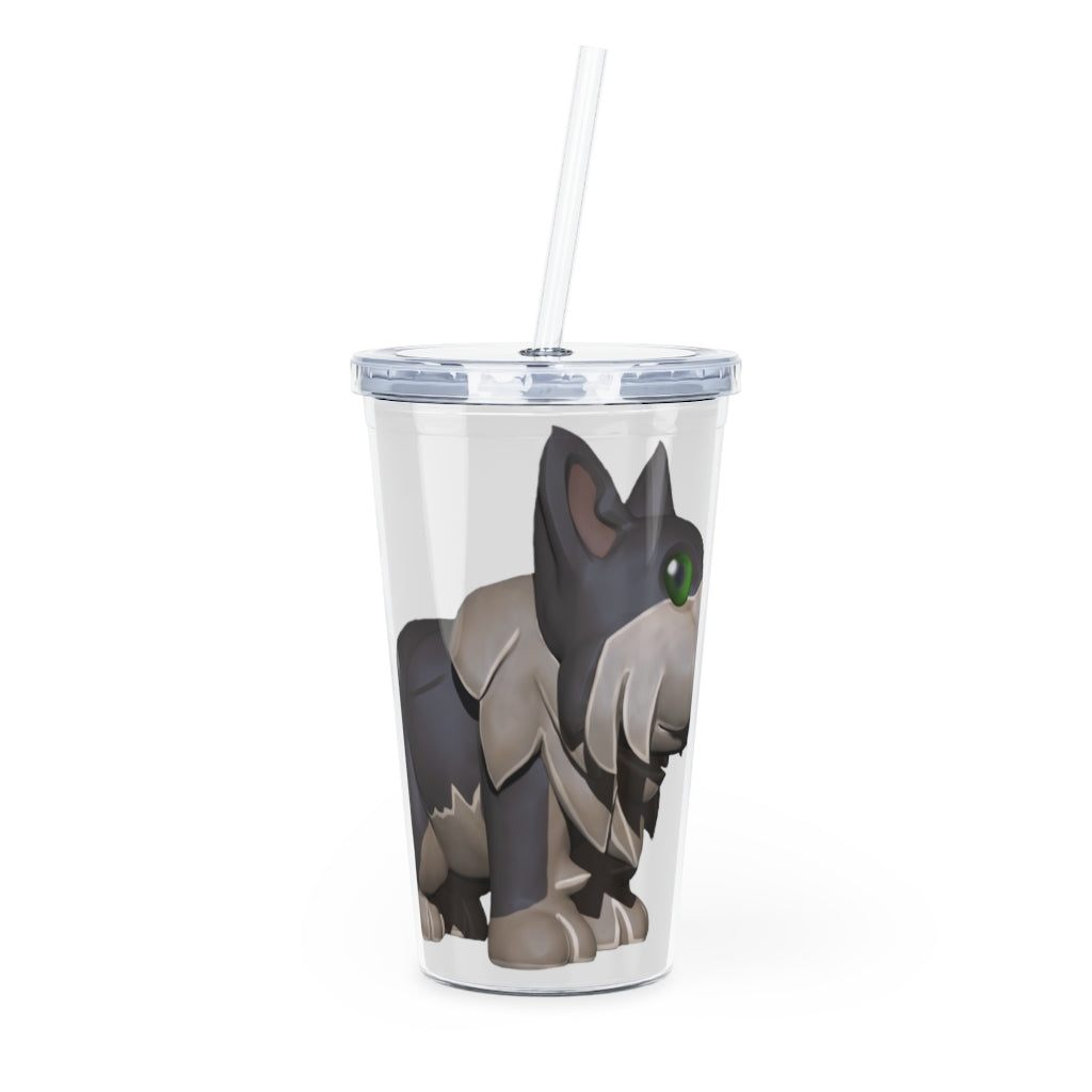 Grey Dog Plastic Tumbler with Straw, featuring a customizable design and double wall insulation for drinks.