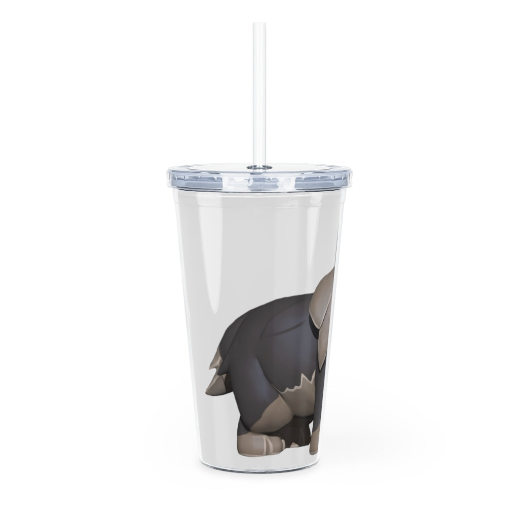 Grey Dog Plastic Tumbler with Straw, featuring a customizable design and double wall insulation for drinks.