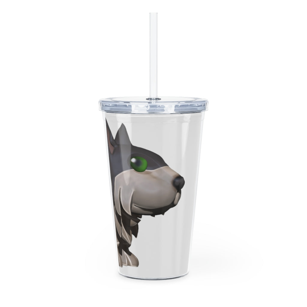 Grey Dog Plastic Tumbler with Straw, featuring a customizable design and double wall insulation for drinks.