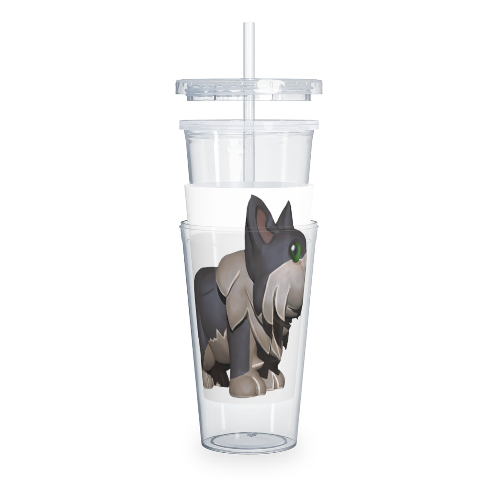 Grey Dog Plastic Tumbler with Straw, featuring a customizable design and double wall insulation for drinks.