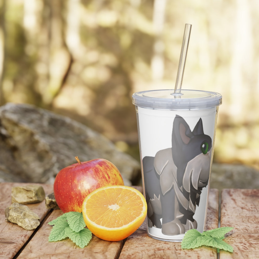 Grey Dog Plastic Tumbler with Straw, featuring a customizable design and double wall insulation for drinks.