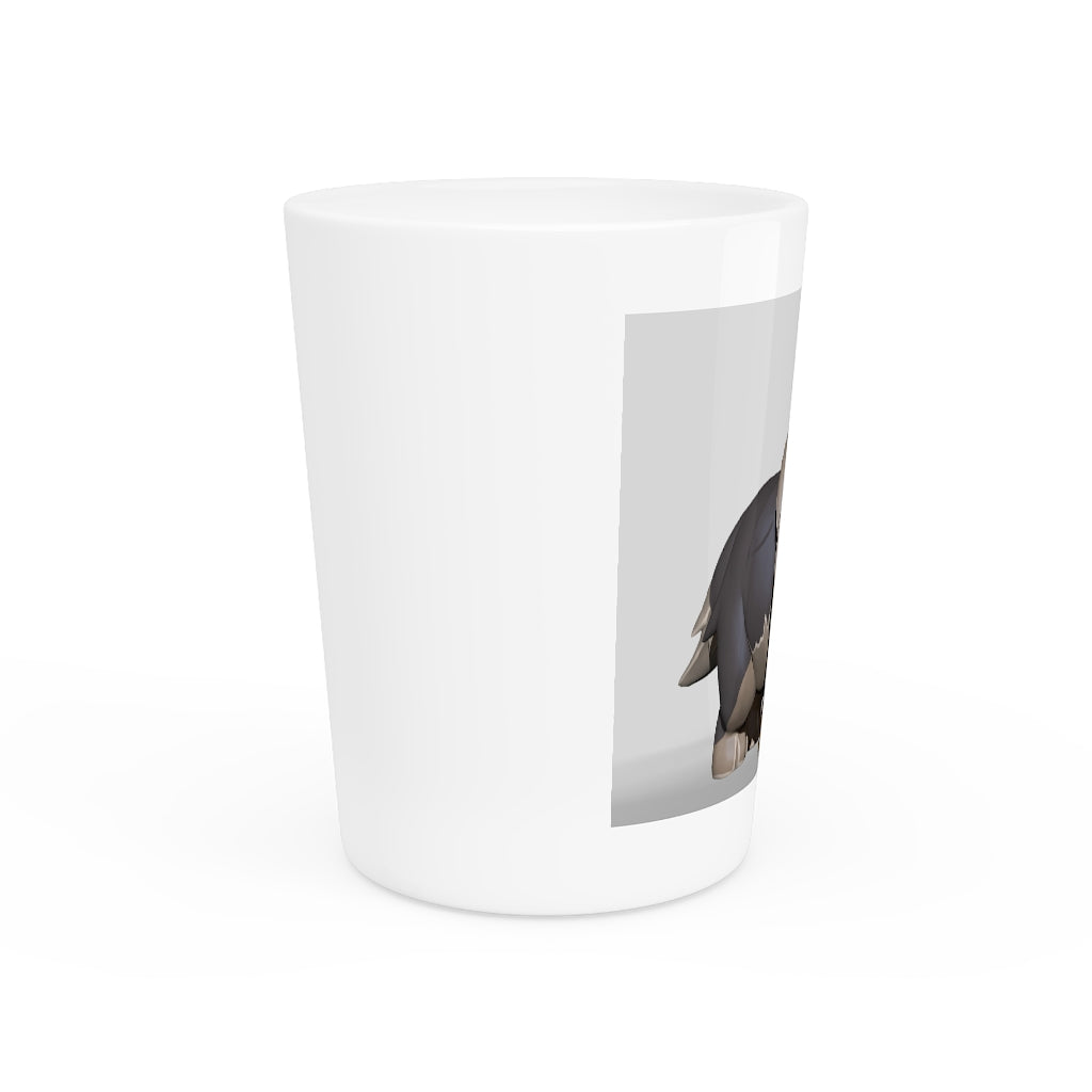 A personalized Grey Dog Shot Glass made of ceramic with a customizable design, featuring a white or black interior.