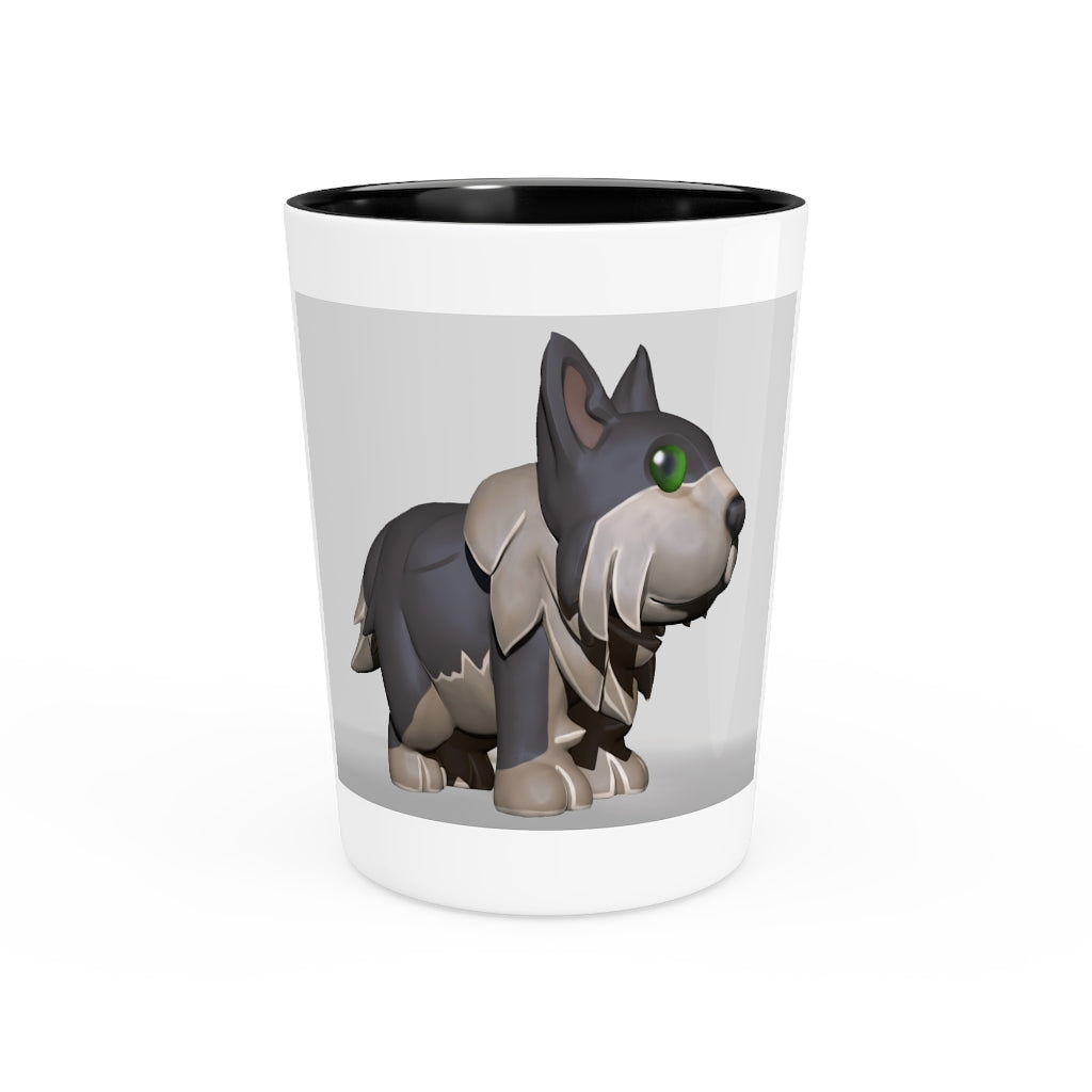 A personalized Grey Dog Shot Glass made of ceramic with a customizable design, featuring a white or black interior.