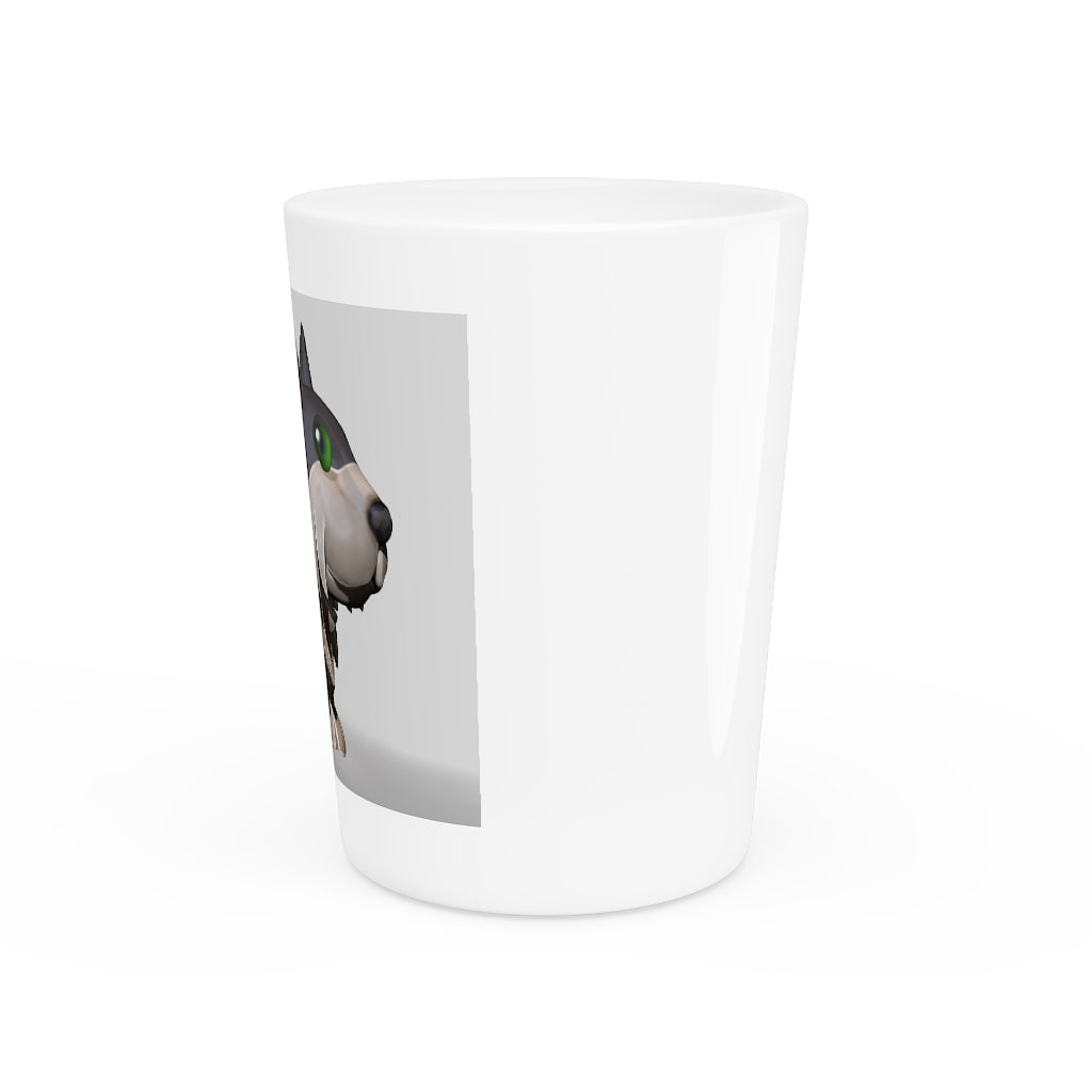 A personalized Grey Dog Shot Glass made of ceramic with a customizable design, featuring a white or black interior.