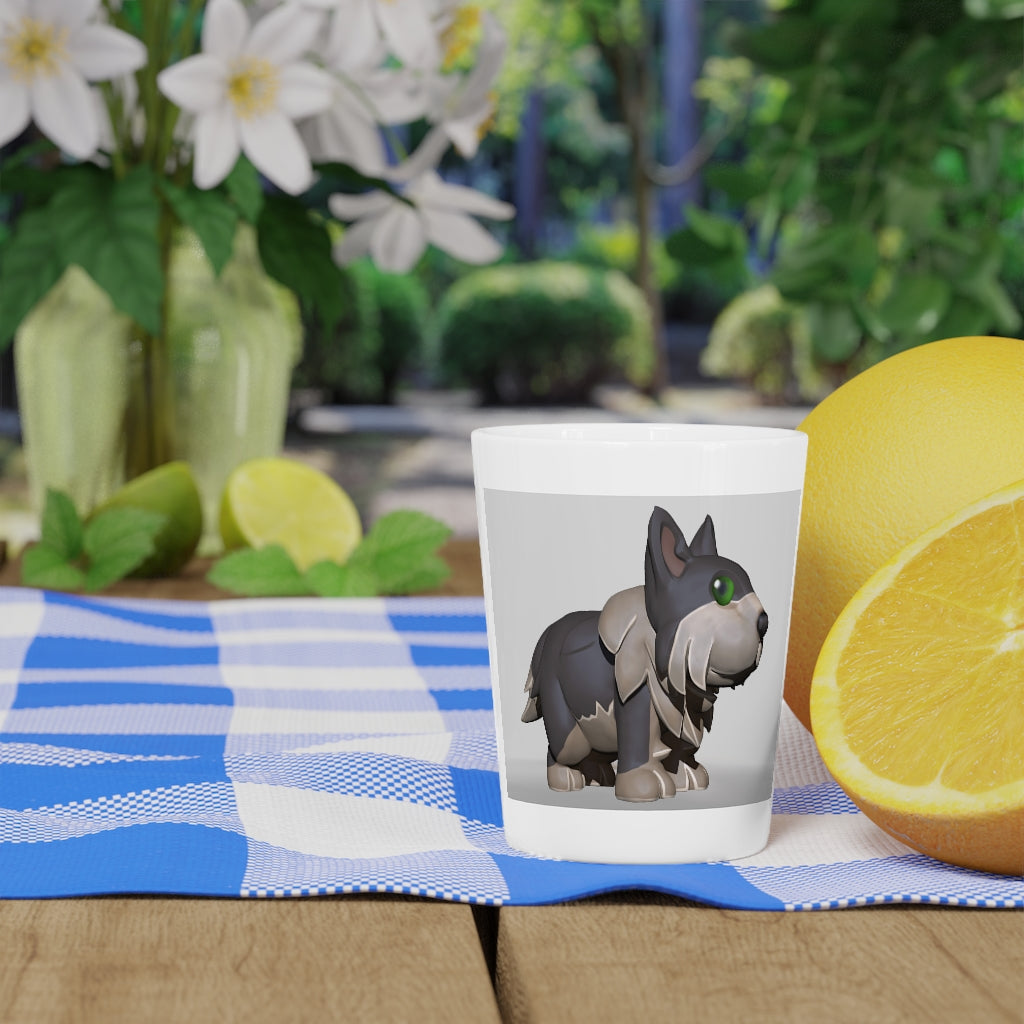 A personalized Grey Dog Shot Glass made of ceramic with a customizable design, featuring a white or black interior.