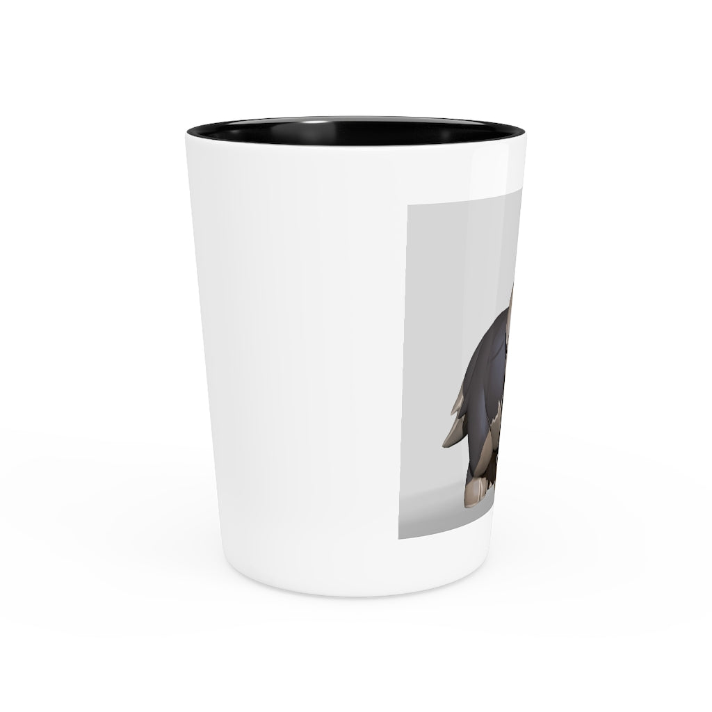 A personalized Grey Dog Shot Glass made of ceramic with a customizable design, featuring a white or black interior.