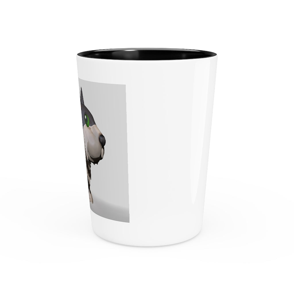 A personalized Grey Dog Shot Glass made of ceramic with a customizable design, featuring a white or black interior.