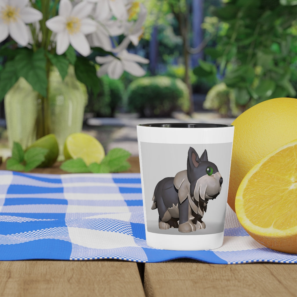 A personalized Grey Dog Shot Glass made of ceramic with a customizable design, featuring a white or black interior.