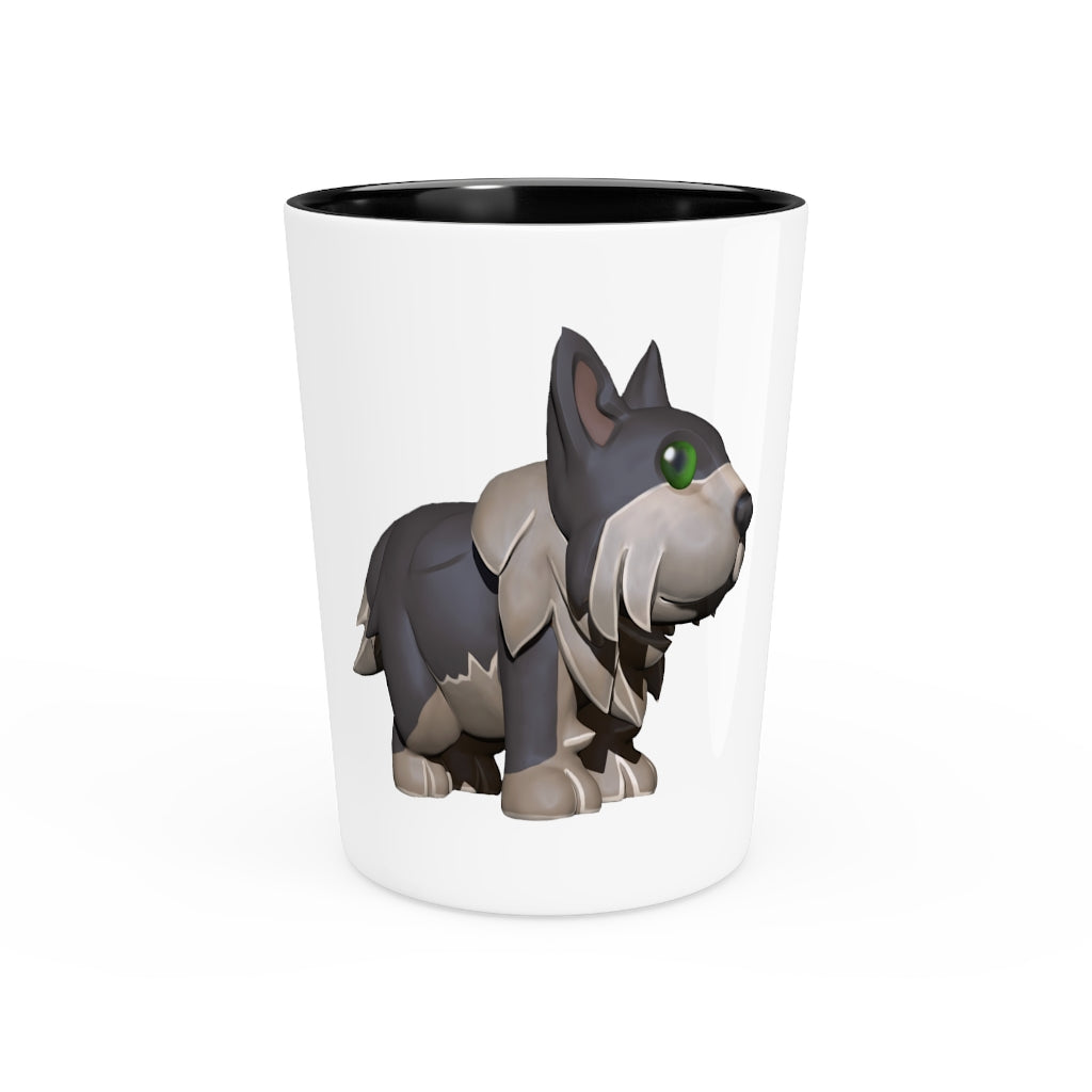 A personalized Grey Dog Shot Glass made of ceramic with a grey dog design, available in white or black interior.