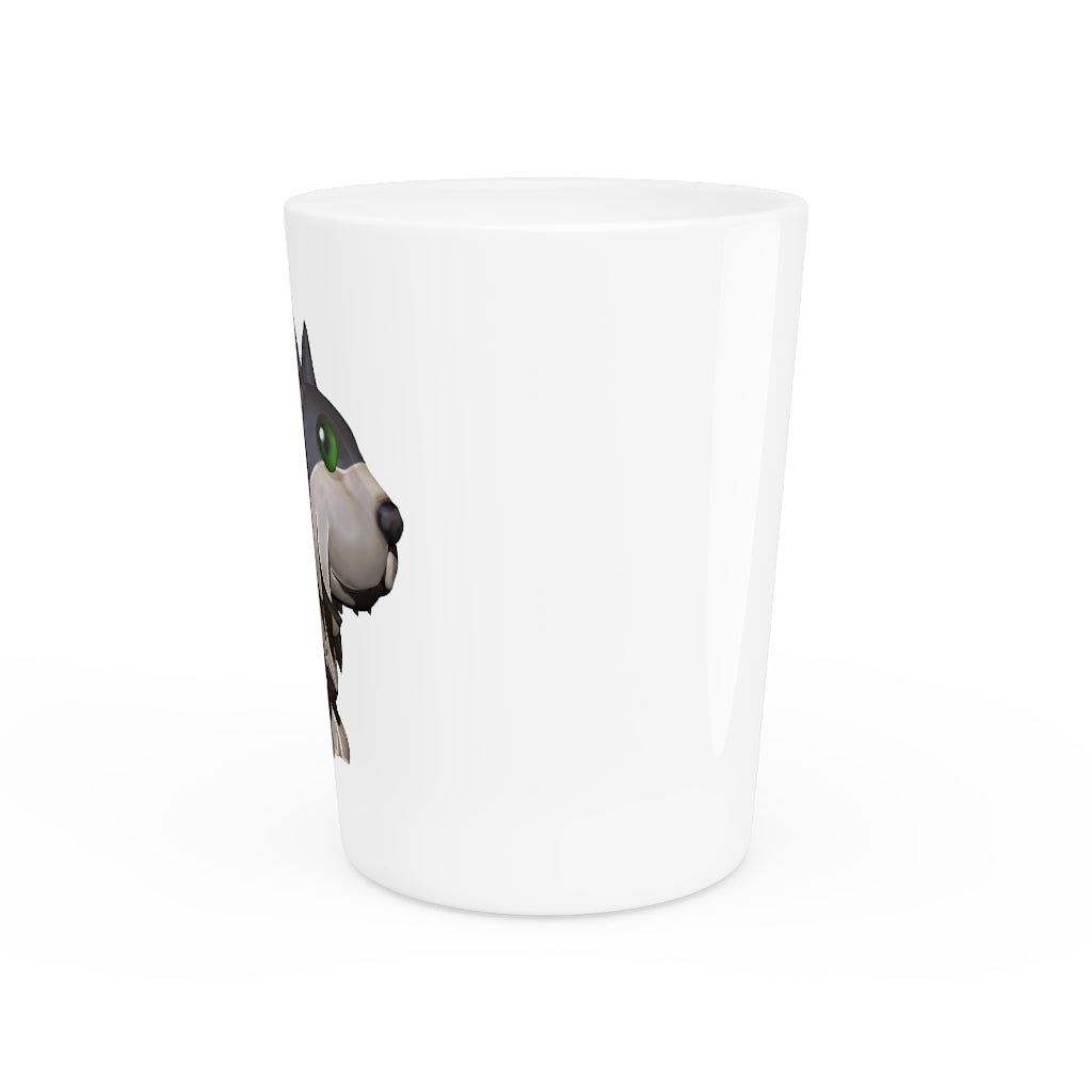 A personalized Grey Dog Shot Glass made of ceramic with a grey dog design, available in white or black interior.