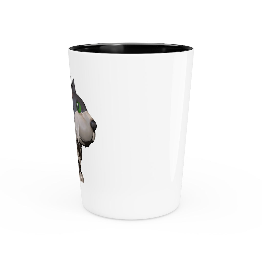 A personalized Grey Dog Shot Glass made of ceramic with a grey dog design, available in white or black interior.