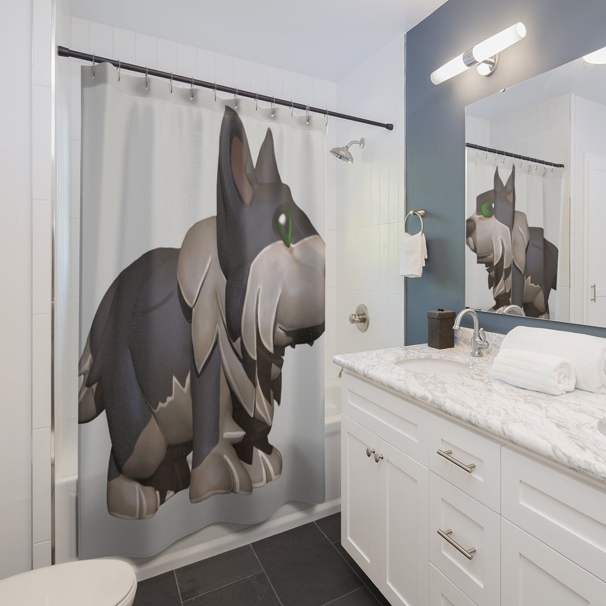 Stylish Grey Dog Shower Curtain made from durable polyester, featuring a unique design perfect for bathroom decor.