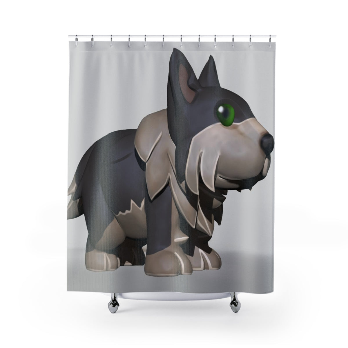 Stylish Grey Dog Shower Curtain made from durable polyester, featuring a unique design perfect for bathroom decor.