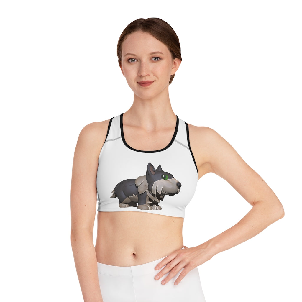 Grey Dog Sports Bra featuring customizable all-over print and double-layer front for support.