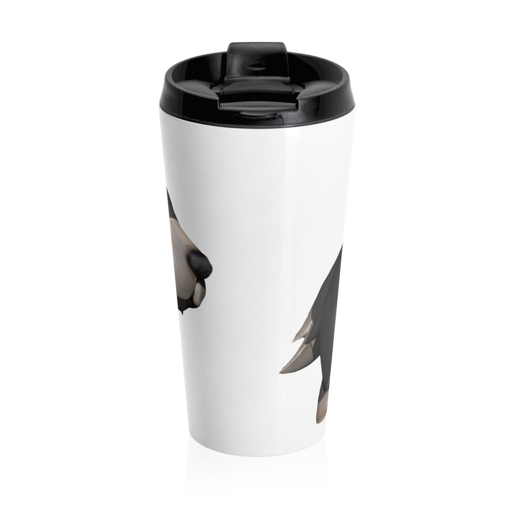 Grey Dog Stainless Steel Travel Mug with black plastic lid, showcasing a sleek design and vibrant sublimation print.