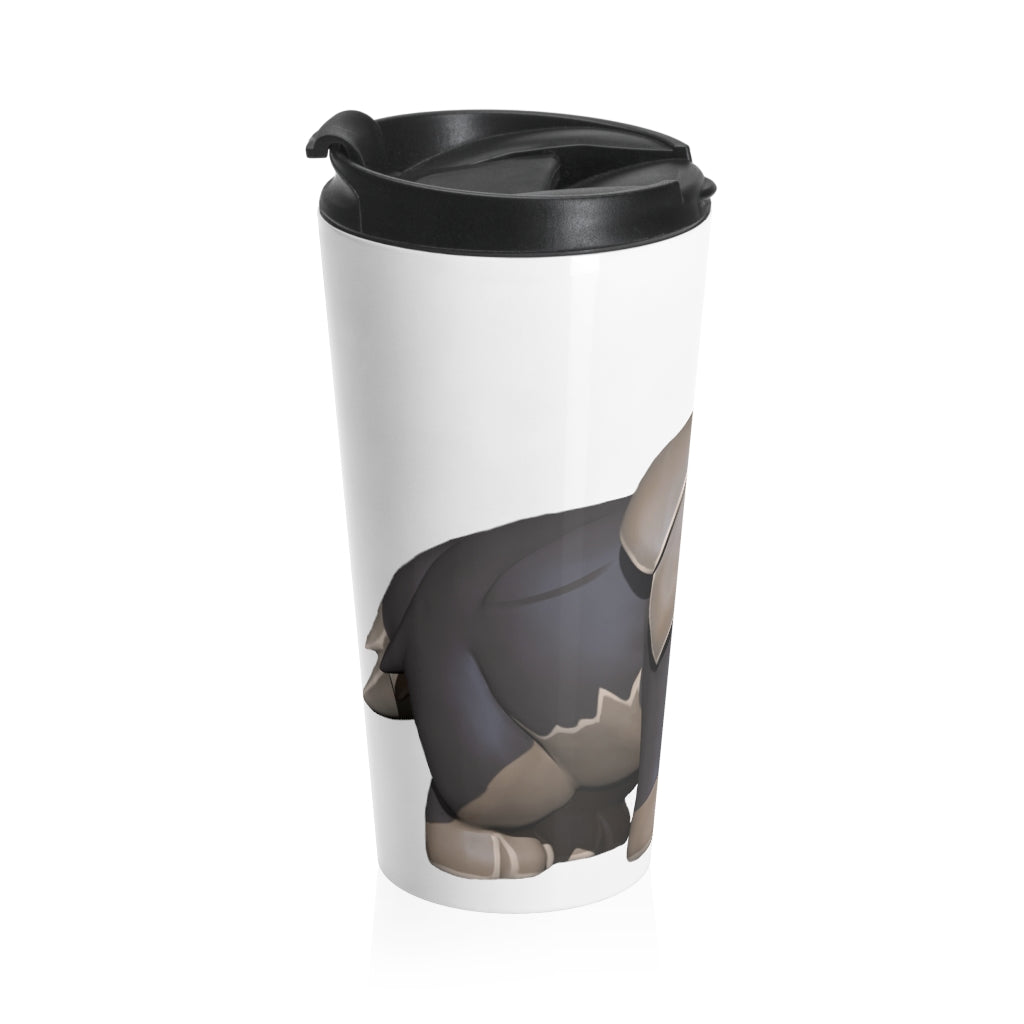 Grey Dog Stainless Steel Travel Mug with black plastic lid, showcasing a sleek design and vibrant sublimation print.