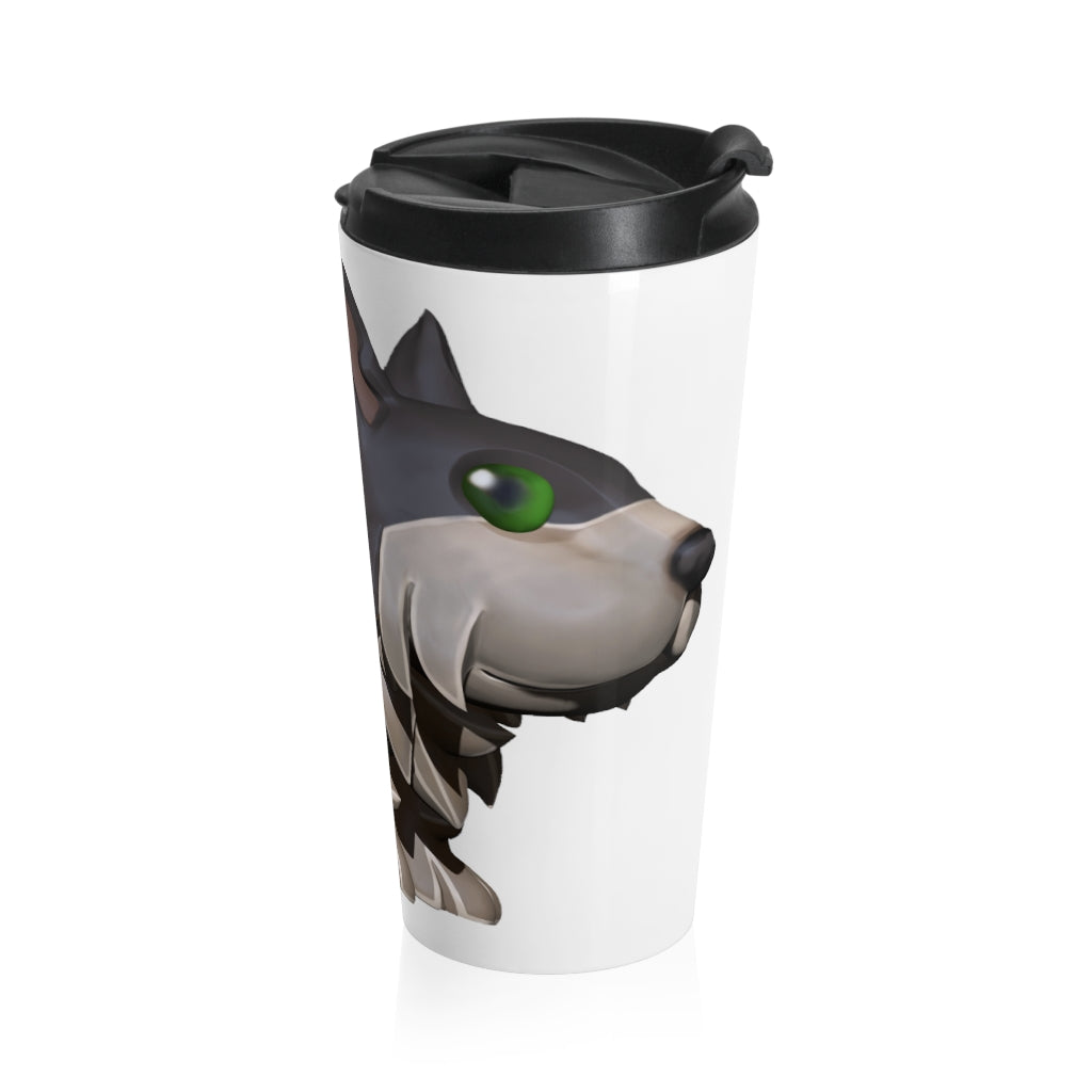 Grey Dog Stainless Steel Travel Mug with black plastic lid, showcasing a sleek design and vibrant sublimation print.