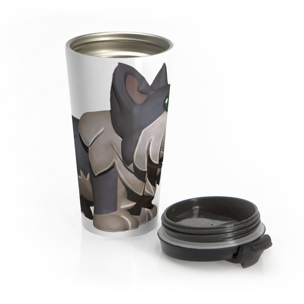 Grey Dog Stainless Steel Travel Mug with black plastic lid, showcasing a sleek design and vibrant sublimation print.