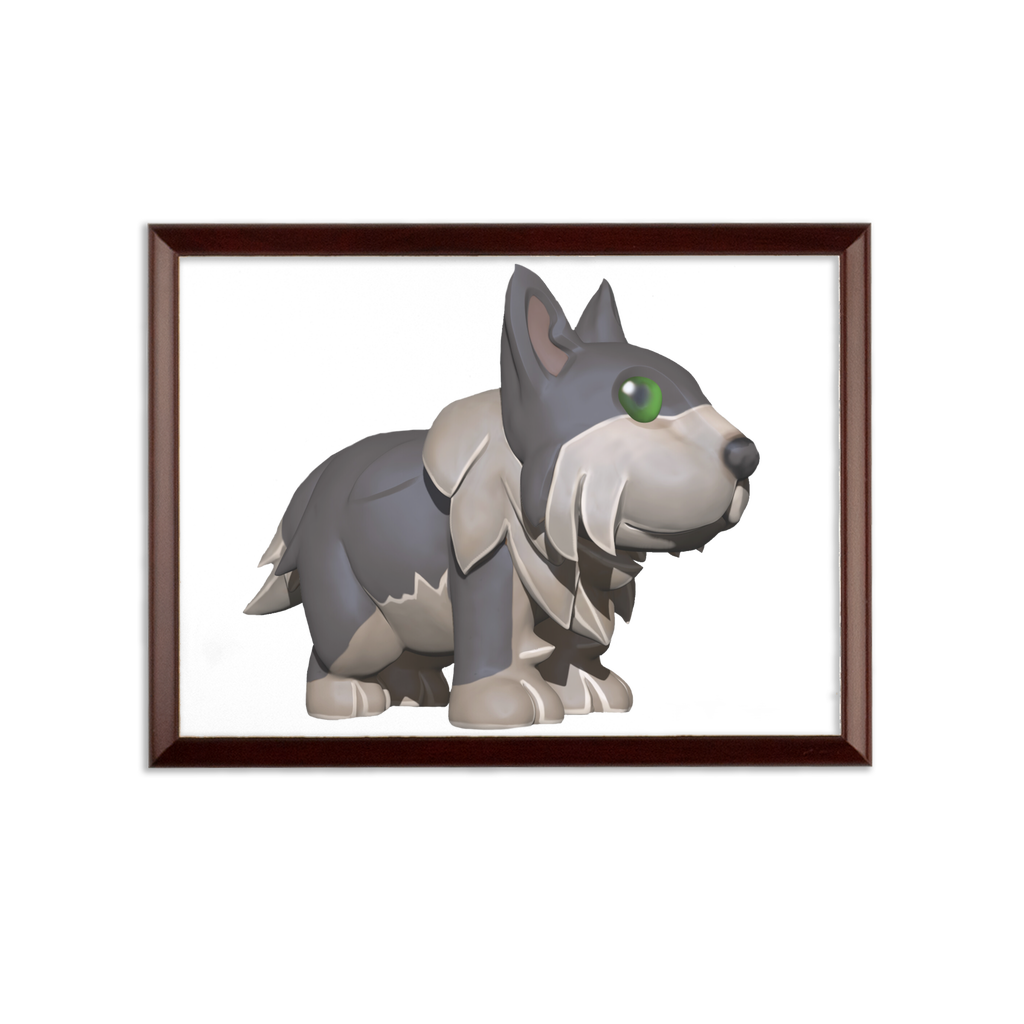 Grey Dog Sublimation Wall Plaque with a brown wooden frame and white printable surface, showcasing its elegant ogee shaped edge.