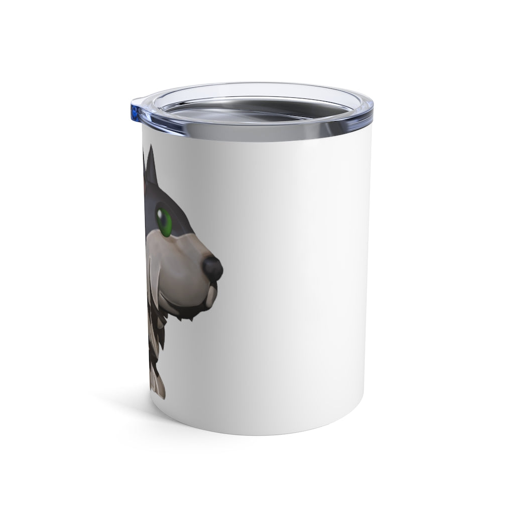 Grey Dog Tumbler 10oz made of stainless steel with a see-thru plastic lid, perfect for travel and outdoor use.