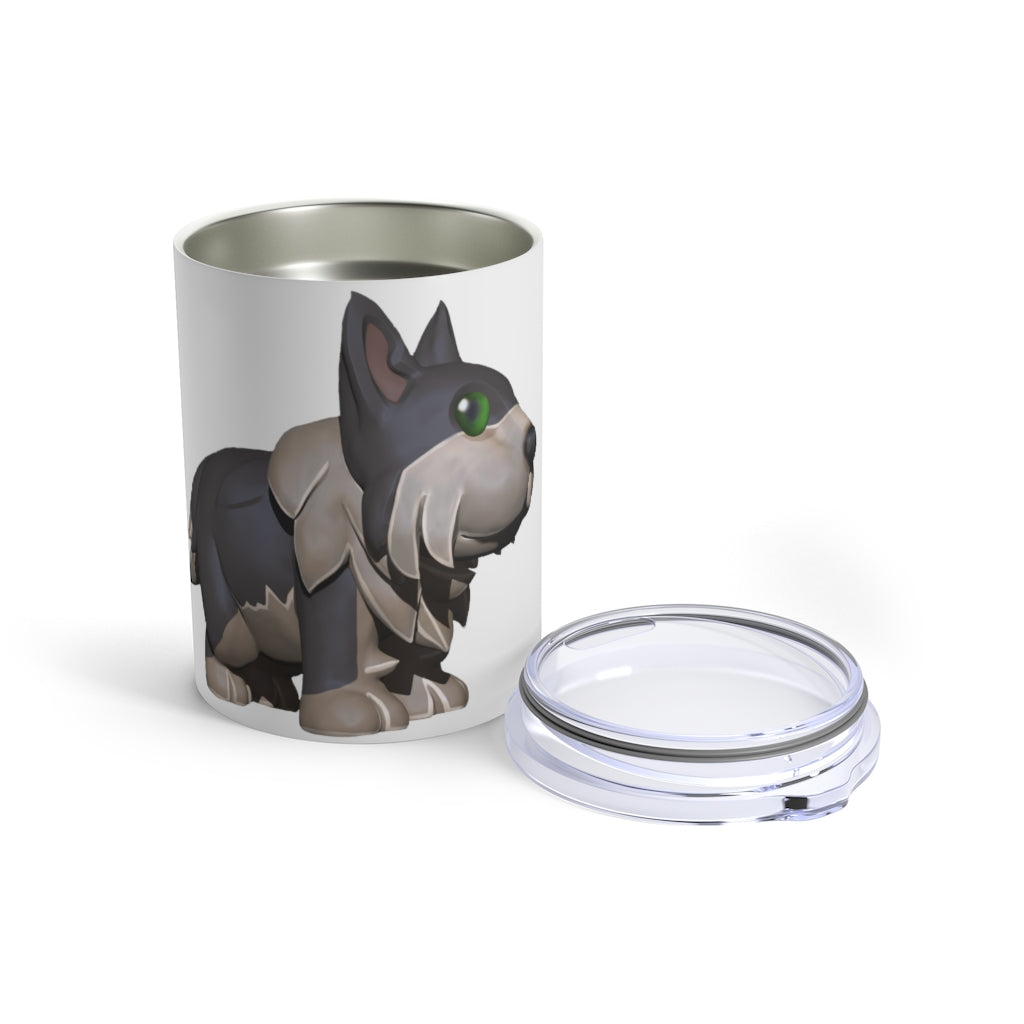 Grey Dog Tumbler 10oz made of stainless steel with a see-thru plastic lid, perfect for travel and outdoor use.