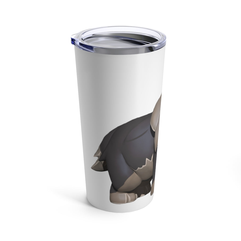 Grey Dog Tumbler 20oz made of stainless steel with a see-thru plastic lid, showcasing its sleek design and rounded corners.