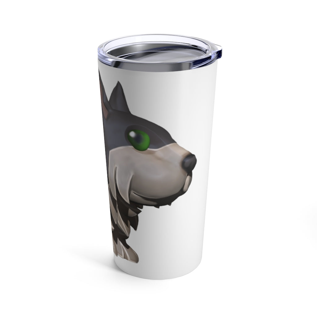 Grey Dog Tumbler 20oz made of stainless steel with a see-thru plastic lid, showcasing its sleek design and rounded corners.