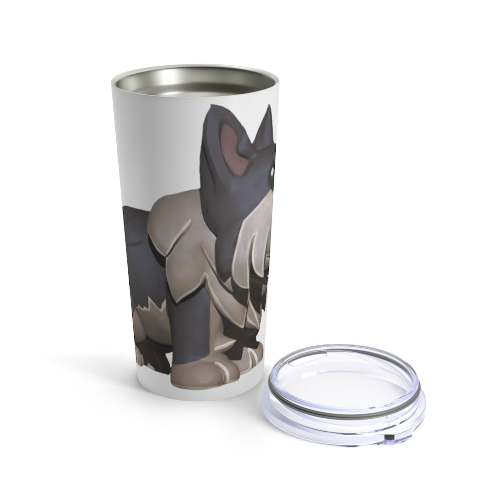 Grey Dog Tumbler 20oz made of stainless steel with a see-thru plastic lid, showcasing its sleek design and rounded corners.