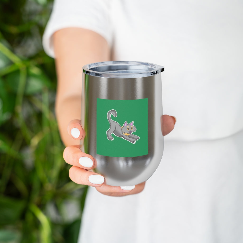 Grey Kitty 12oz insulated wine tumbler with a clear lid, showcasing a stylish design perfect for hot and cold beverages.