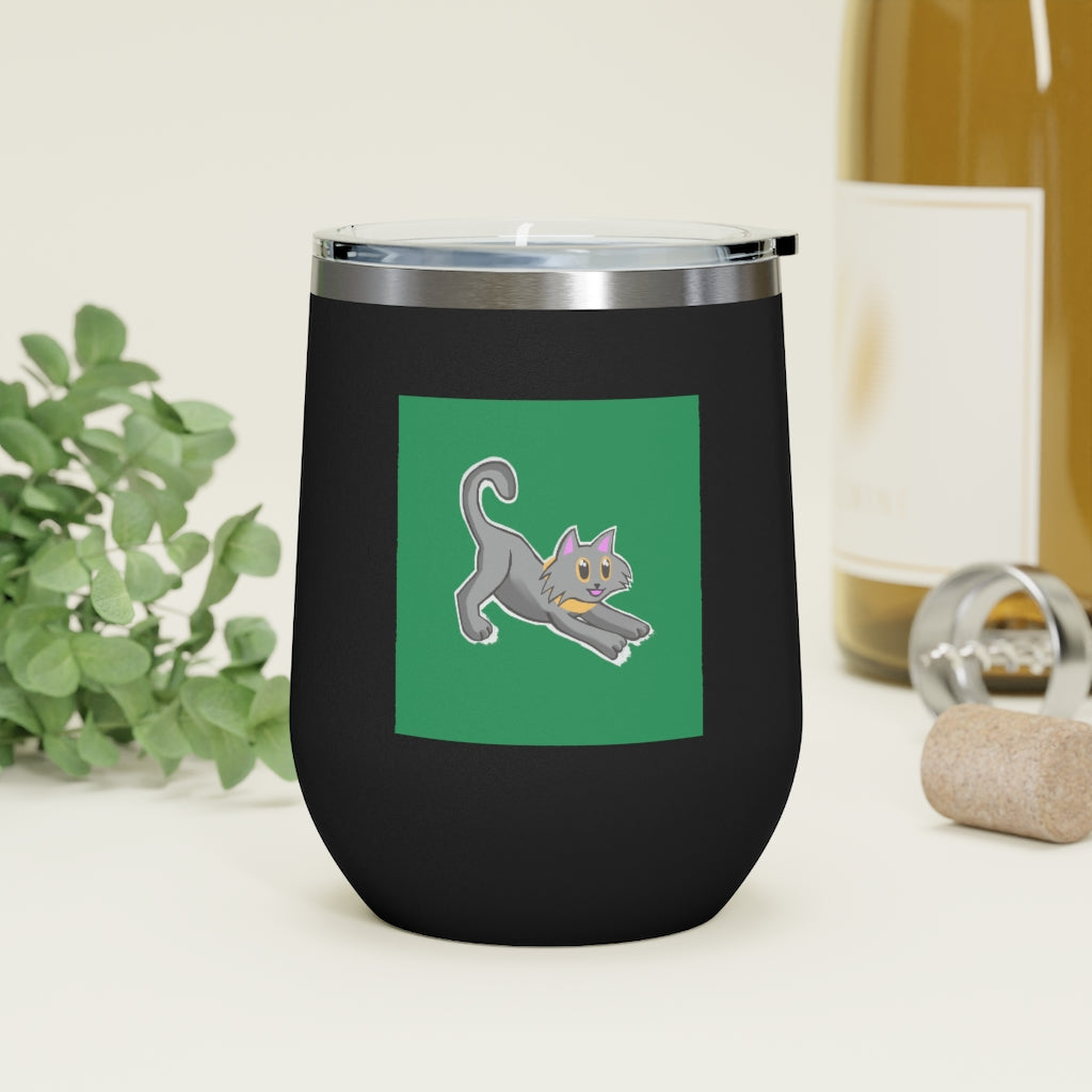 Grey Kitty 12oz insulated wine tumbler with a clear lid, showcasing a stylish design perfect for hot and cold beverages.