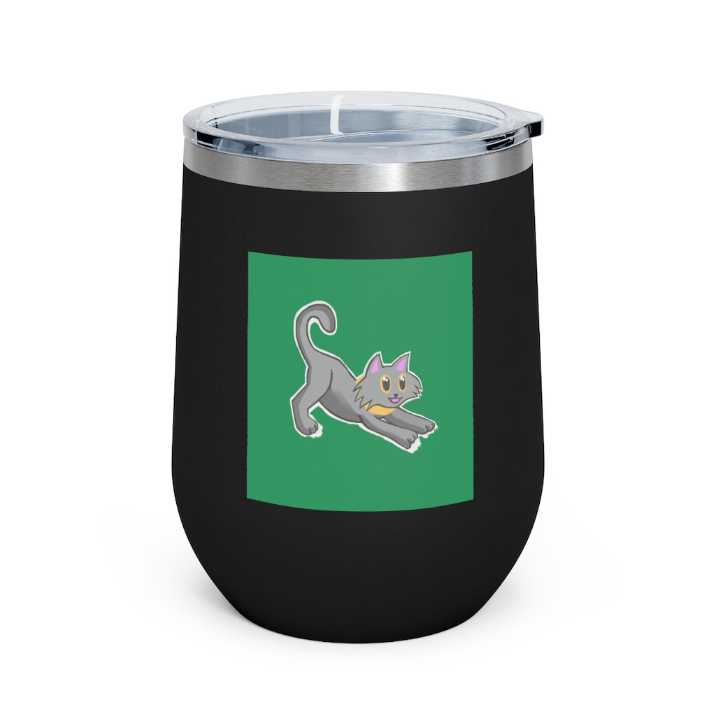 Grey Kitty 12oz insulated wine tumbler with a clear lid, showcasing a stylish design perfect for hot and cold beverages.